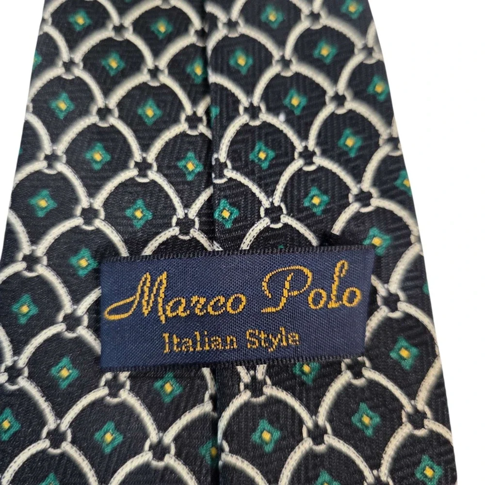 Marco Polo Silk Blend Tie Geometric Pattern Black Cream Green‎ Men's Accessory